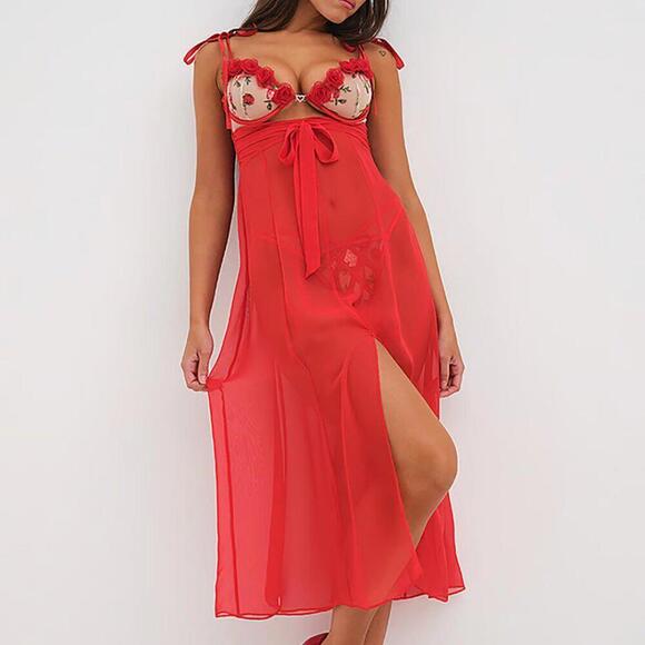 For Love & Lemons Berry Red Anika Midi Slip Dress Size S NWT Rosette Mesh - Picture 2 of 12